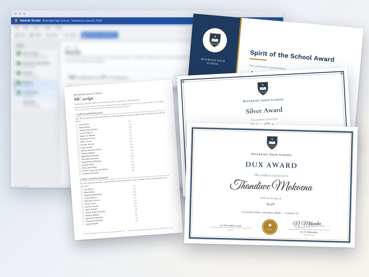 Three Awards Studio certificates for a fictional school, a Dux Award, a Silver Award and a Spirit of the School Award, with the MC script and the Awards Studio window behind them